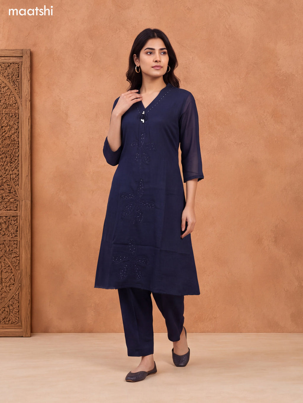 Deep Navy Blue Cotton Embroidery Work A-Line Suit