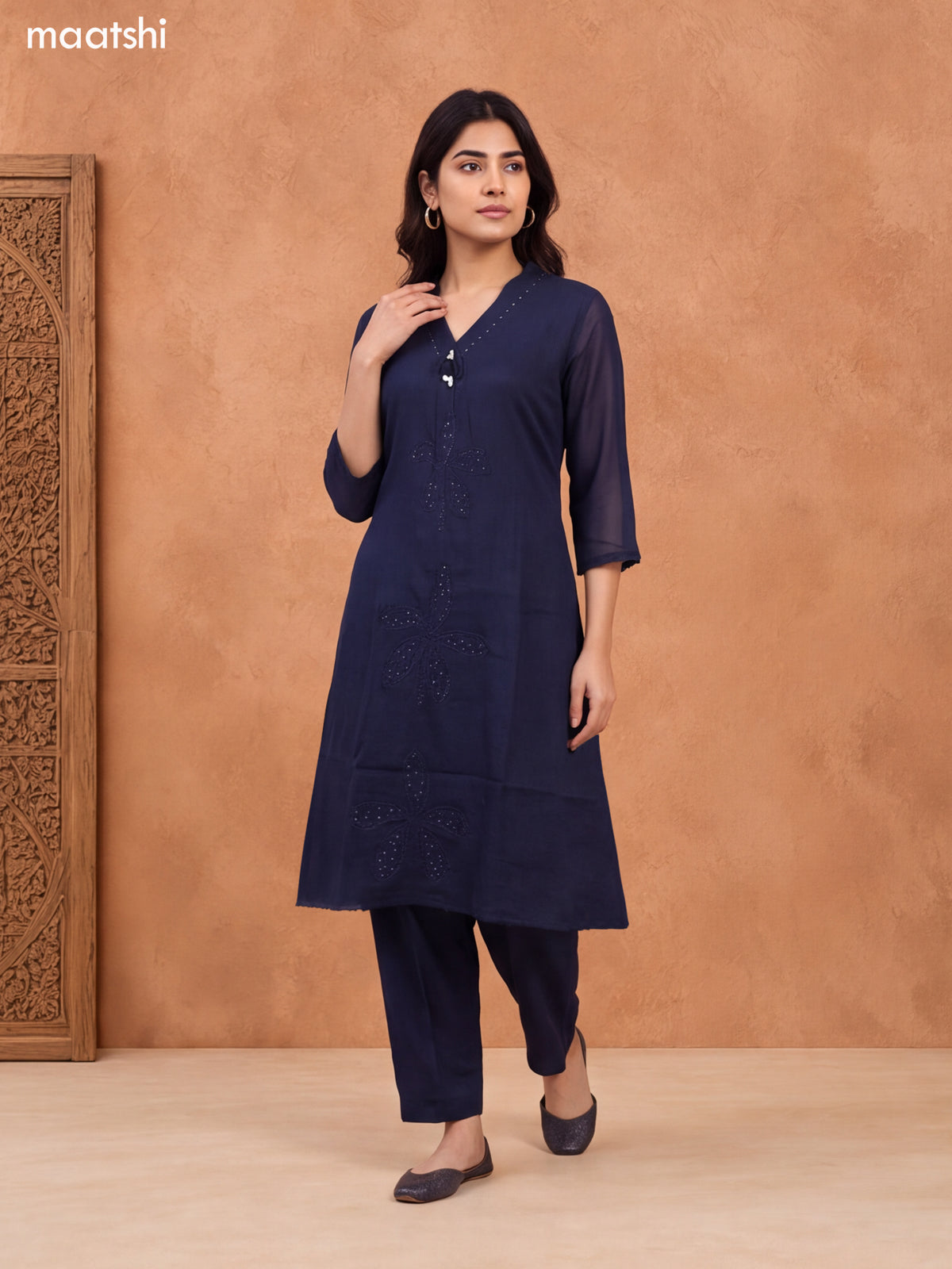 Deep Navy Blue Cotton Embroidery Work A-Line Suit