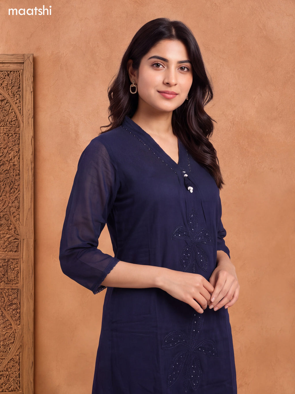 Deep Navy Blue Cotton Embroidery Work A-Line Suit