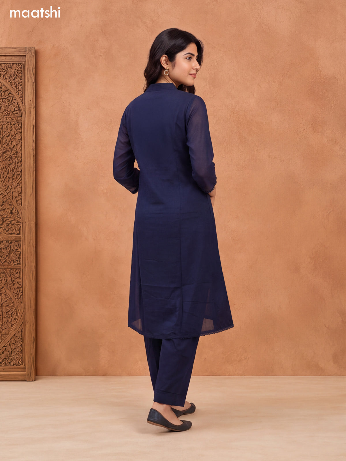 Deep Navy Blue Cotton Embroidery Work A-Line Suit