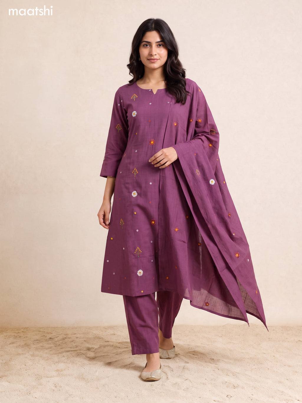 Purple Art Silk Floral Embroidery Work A-Line Suit