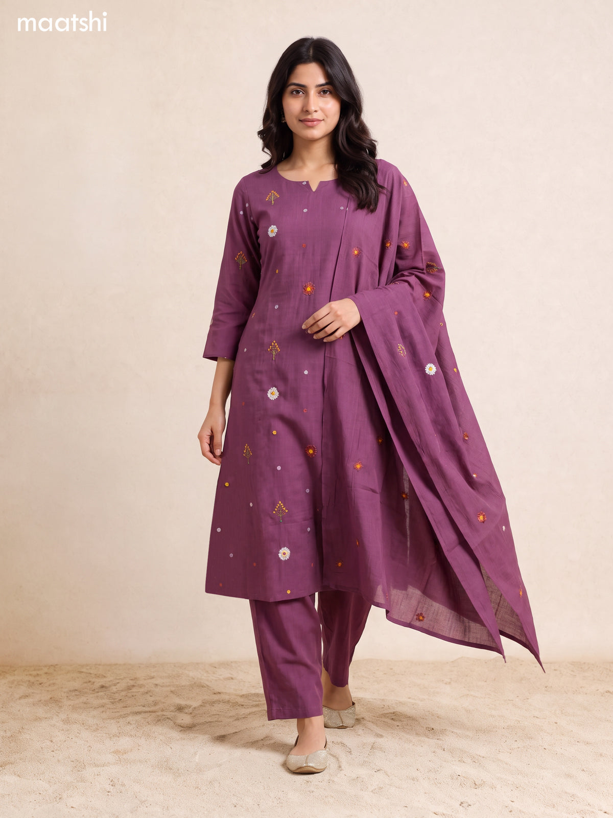 Purple Art Silk Floral Embroidery Work A-Line Suit