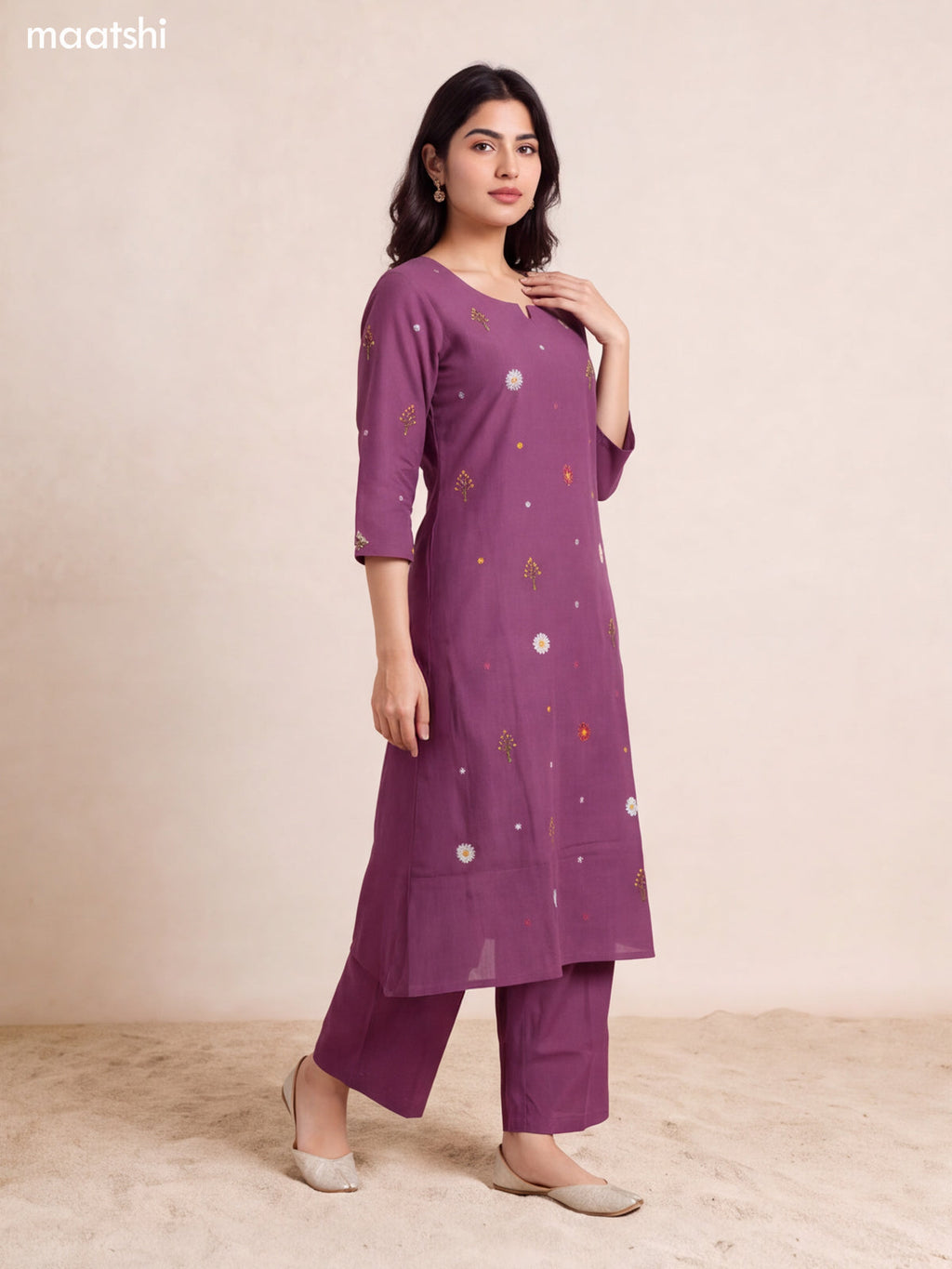 Purple Art Silk Floral Embroidery Work A-Line Suit