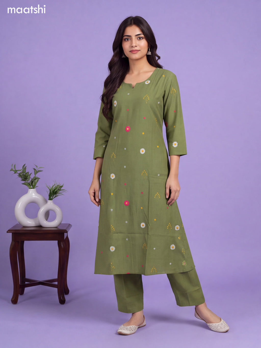 Sap Green Art Silk Floral Embroidery Work A-Line Suit