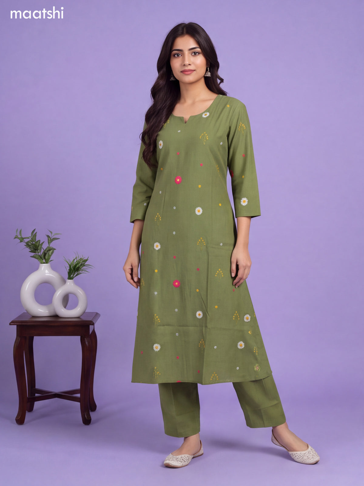 Sap Green Art Silk Floral Embroidery Work A-Line Suit