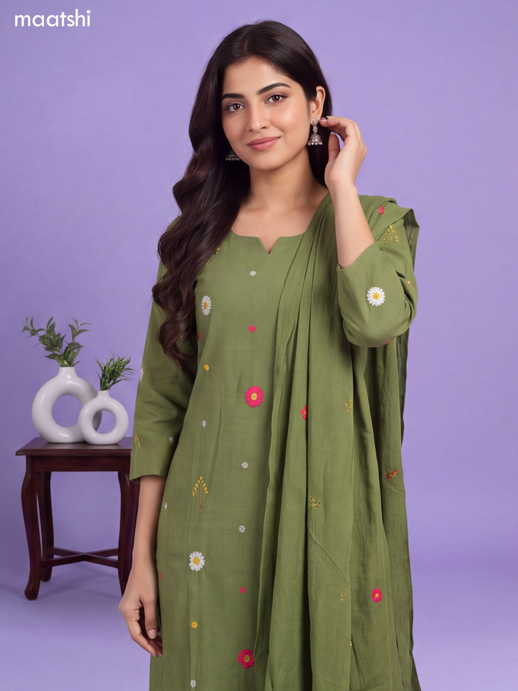 Sap Green Art Silk Floral Embroidery Work A-Line Suit