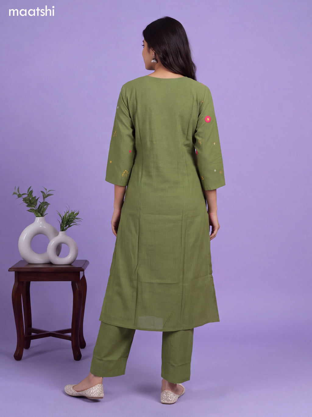 Sap Green Art Silk Floral Embroidery Work A-Line Suit