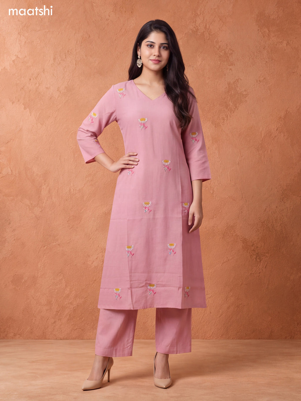 Pink Art Silk Floral Buttas Embroidery Work A-Line Suit