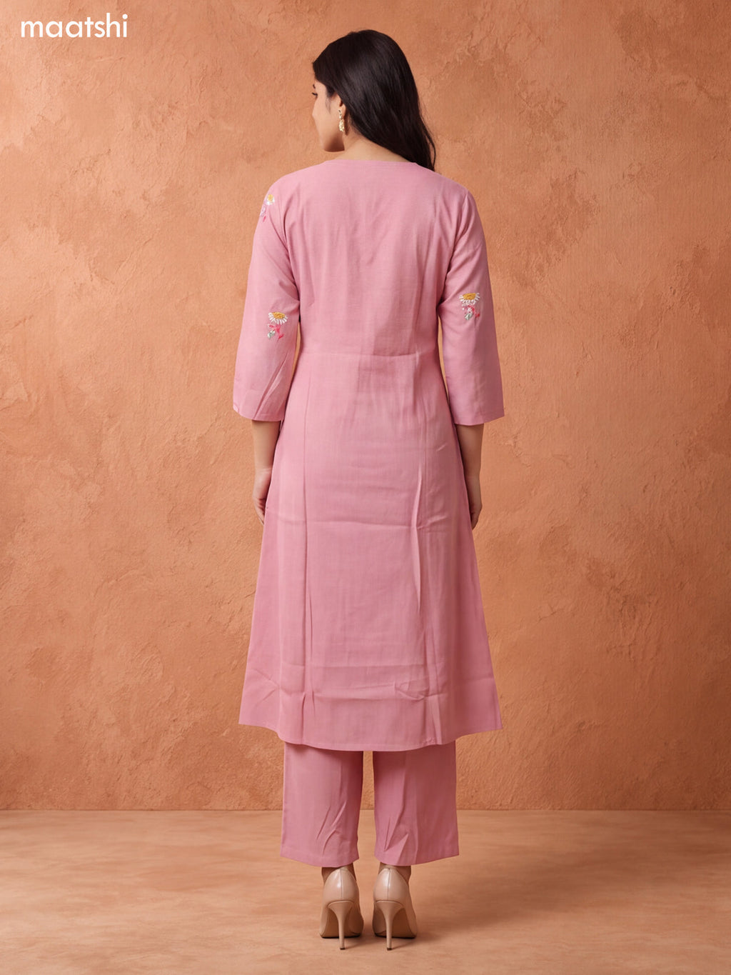 Pink Art Silk Floral Buttas Embroidery Work A-Line Suit