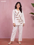 Off White and Brown Cotton Embroidery Work Short Co-Ord Set