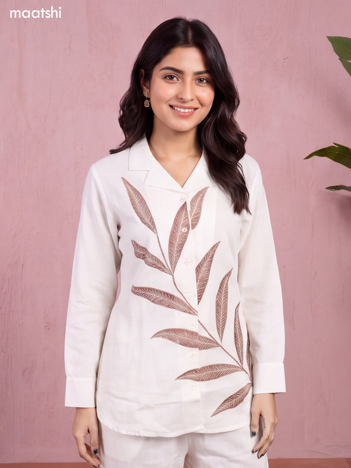 Off White and Brown Cotton Embroidery Work Short Co-Ord Set