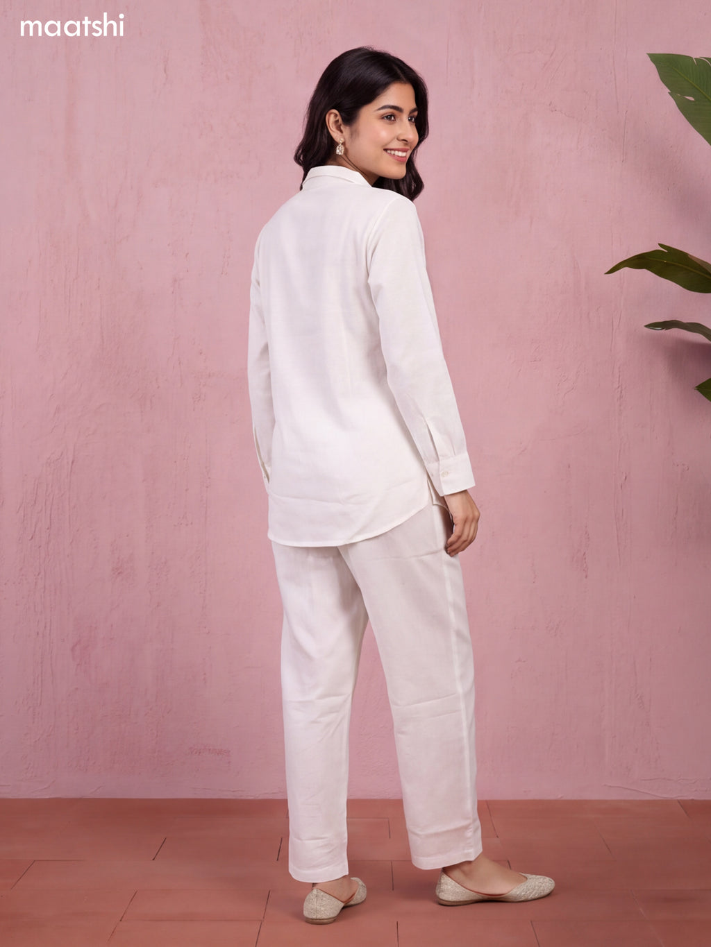 Off White and Brown Cotton Embroidery Work Short Co-Ord Set