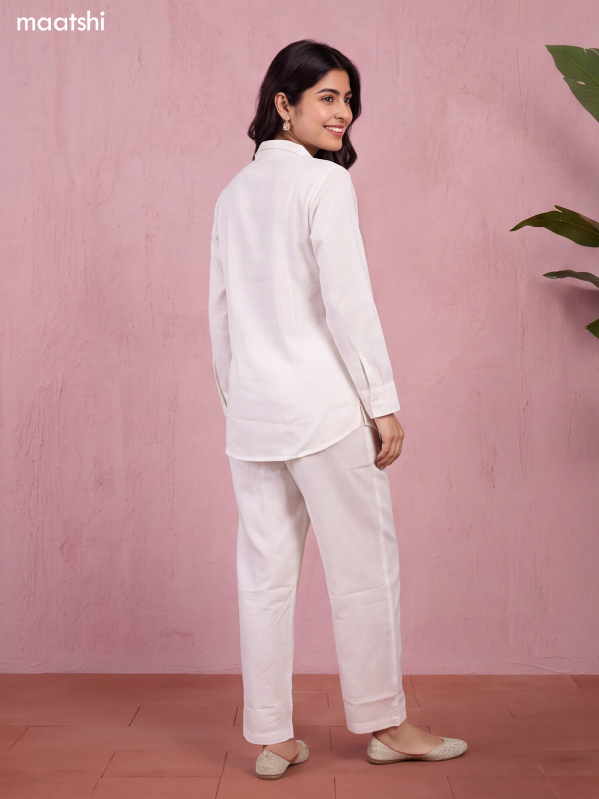 Off White and Brown Cotton Embroidery Work Short Co-Ord Set