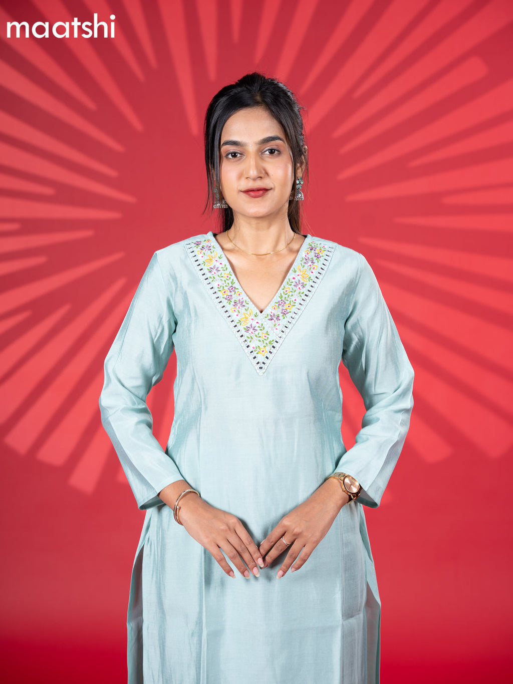Muslin kurti set pastel blue with embroidery work v neck pattern and straight cut pant