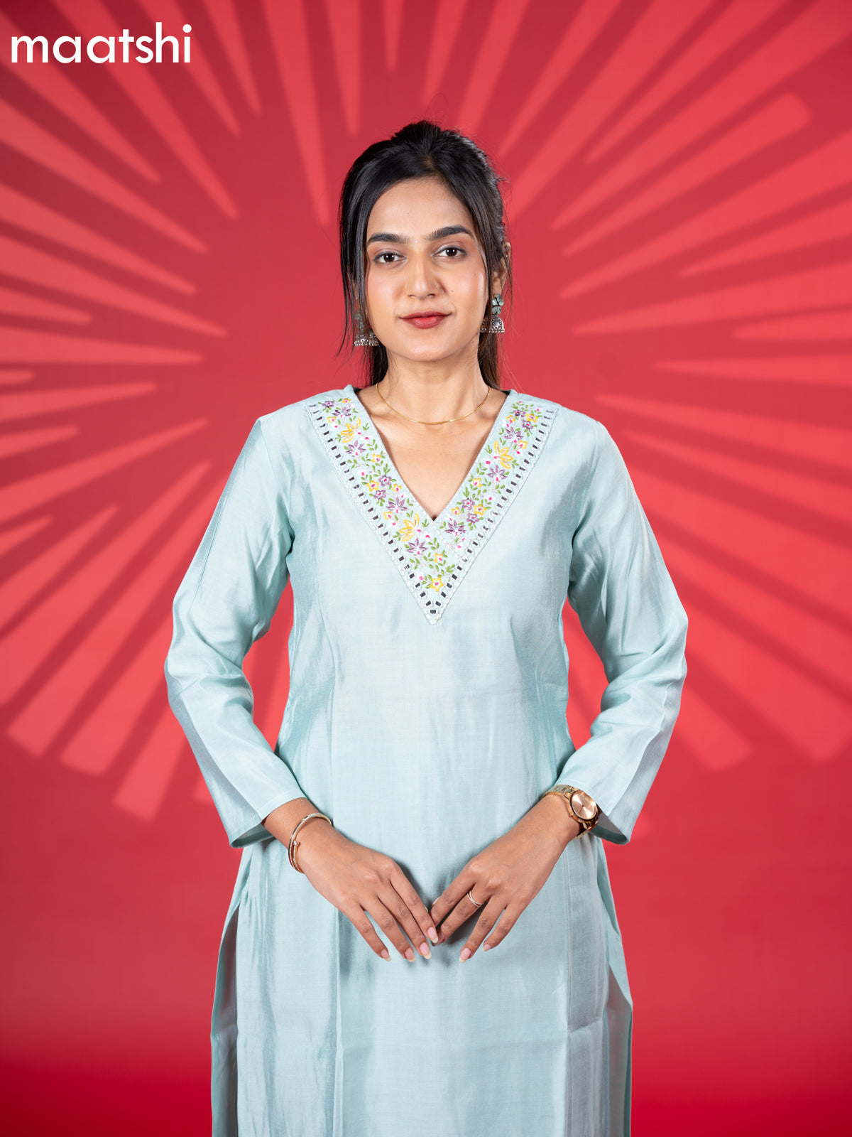 Muslin kurti set pastel blue with embroidery work v neck pattern and straight cut pant