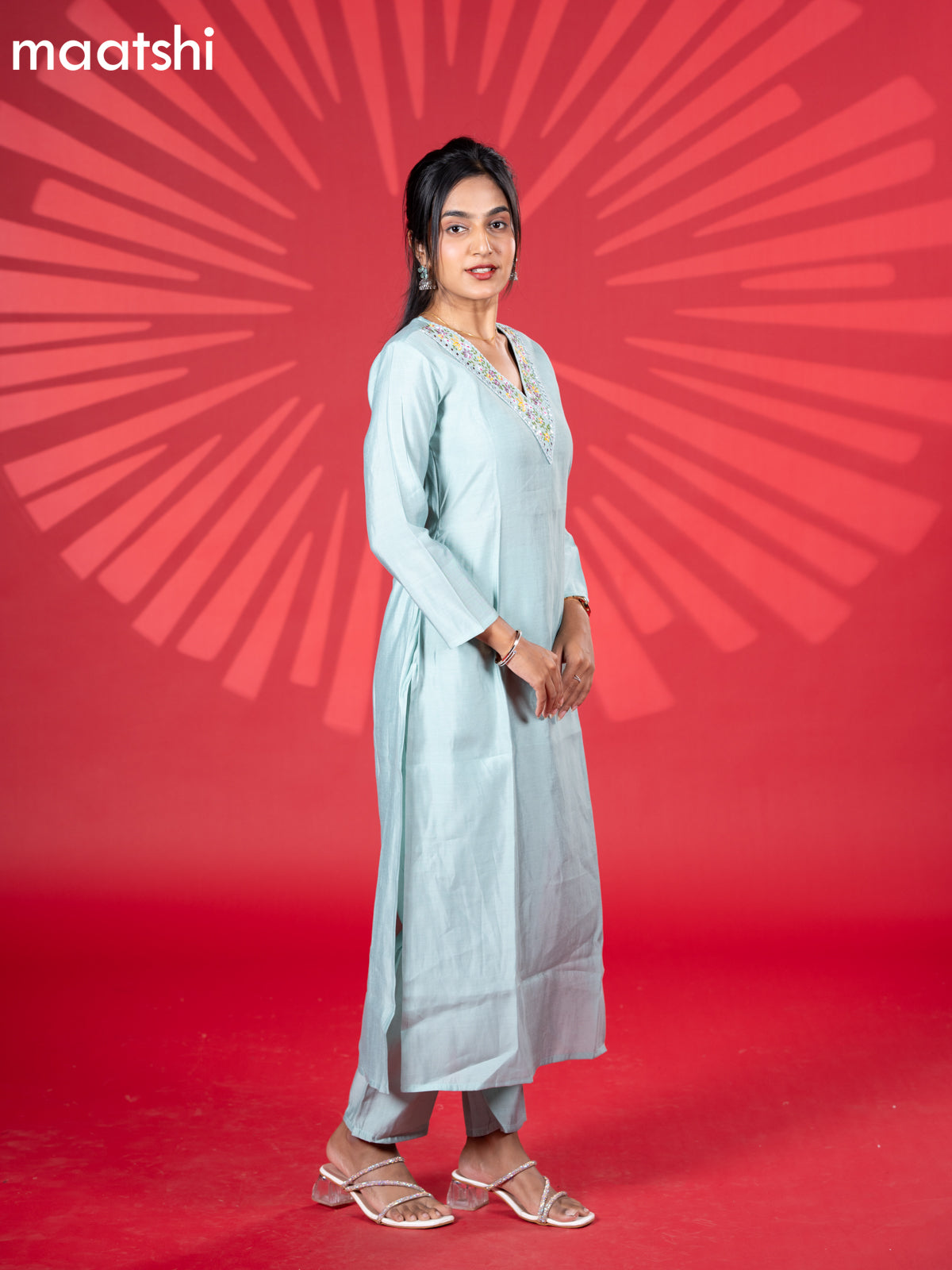 Muslin kurti set pastel blue with embroidery work v neck pattern and straight cut pant