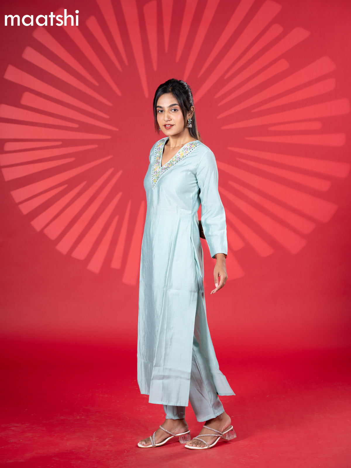Muslin kurti set pastel blue with embroidery work v neck pattern and straight cut pant