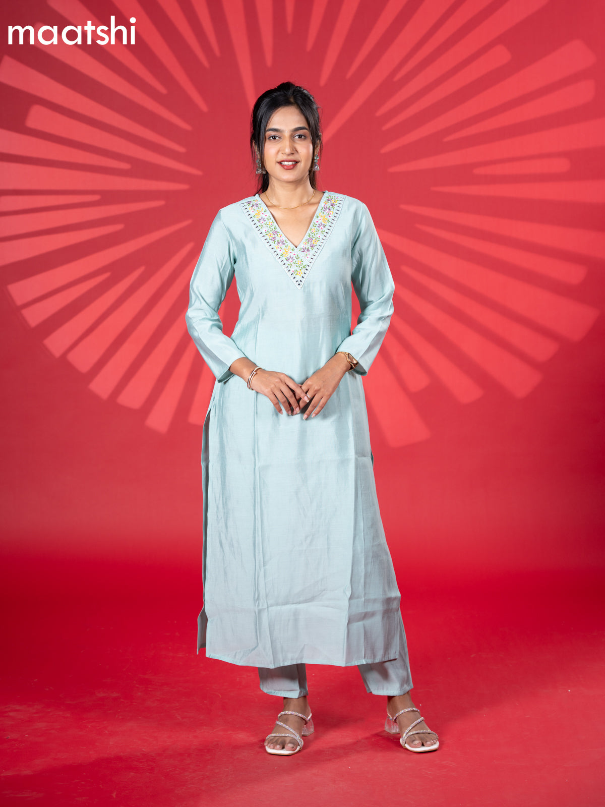Muslin kurti set pastel blue with embroidery work v neck pattern and straight cut pant