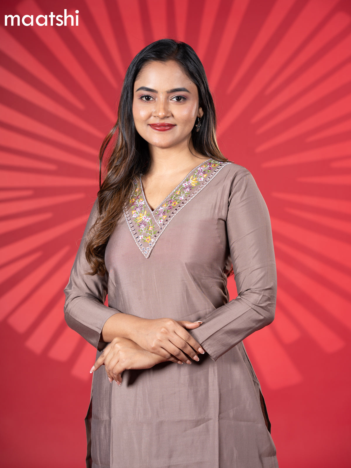 Muslin kurti set brown with embroidery work v neck pattern and straight cut pant