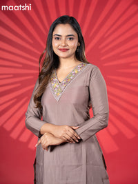 Muslin kurti set brown with embroidery work v neck pattern and straight cut pant
