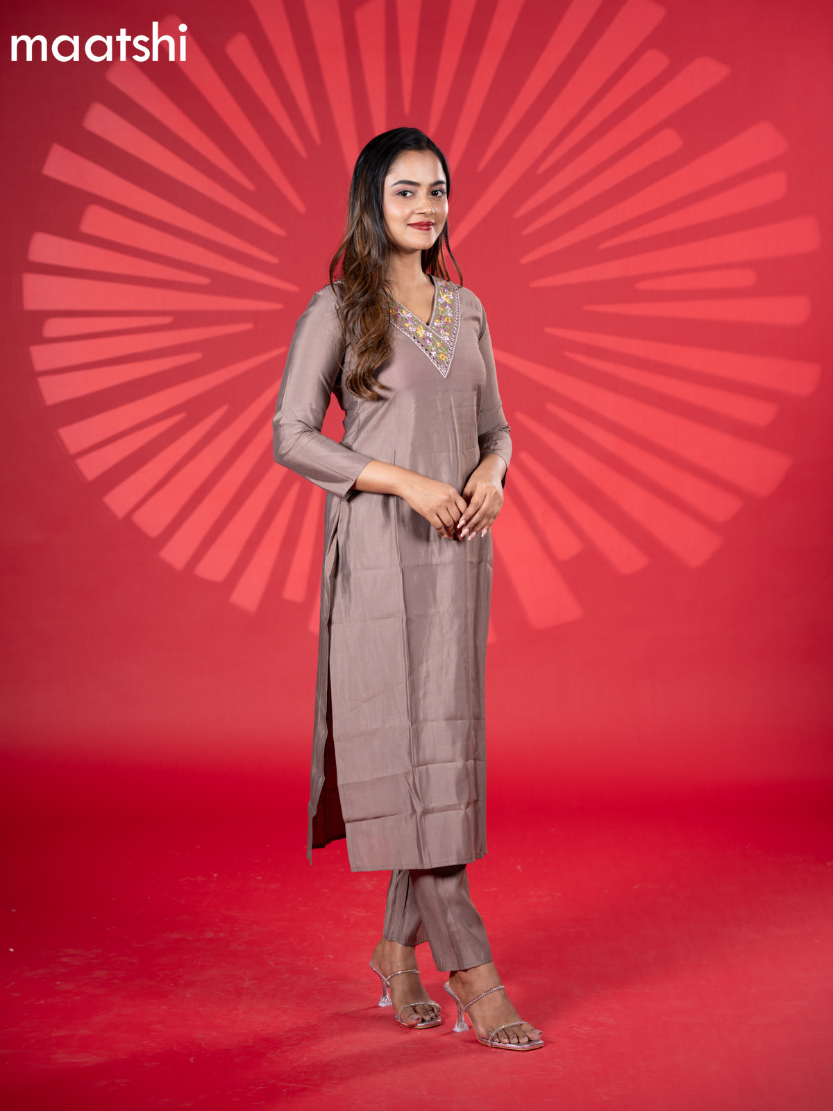 Muslin kurti set brown with embroidery work v neck pattern and straight cut pant