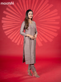 Muslin kurti set brown with embroidery work v neck pattern and straight cut pant