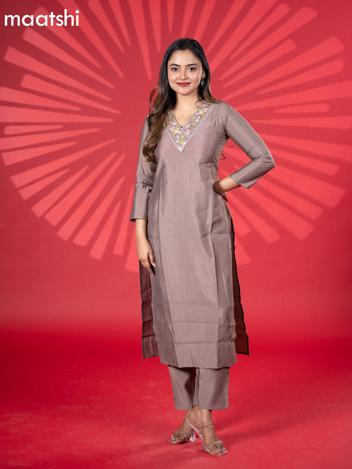 Muslin kurti set brown with embroidery work v neck pattern and straight cut pant
