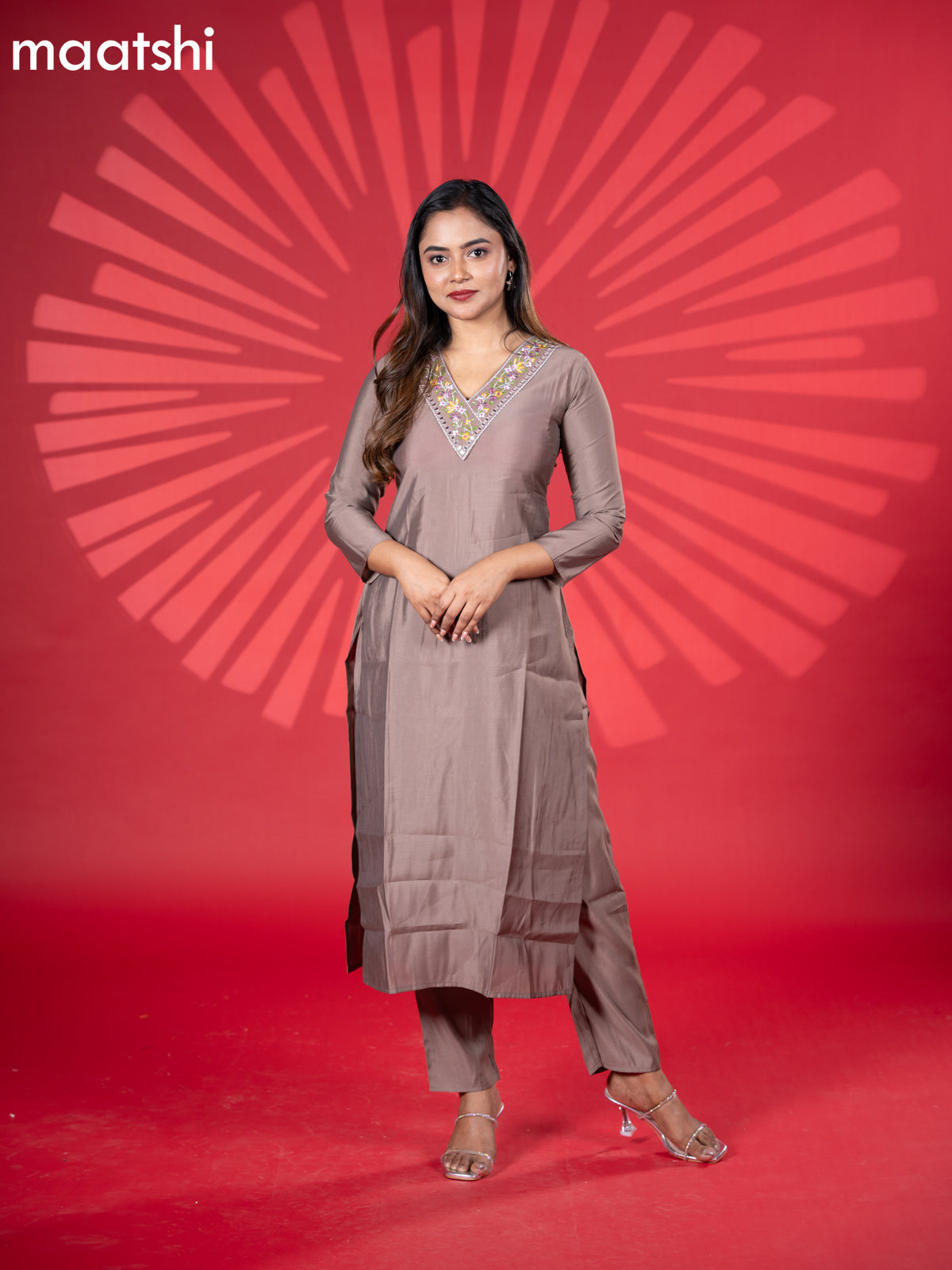 Muslin kurti set brown with embroidery work v neck pattern and straight cut pant