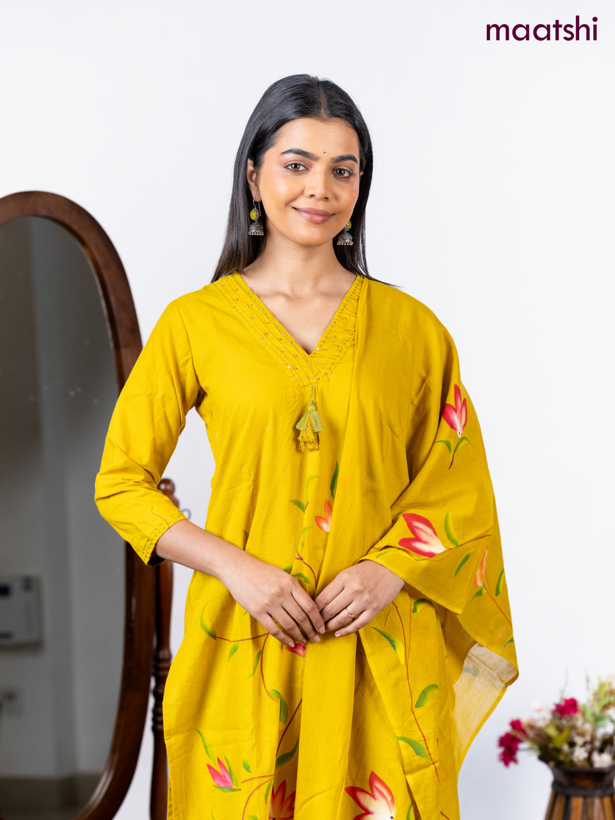 Semi cotton salwar suit lime yellow with placement prints & embroidery sequin work v neck pattern and straight cut pant & dupatta