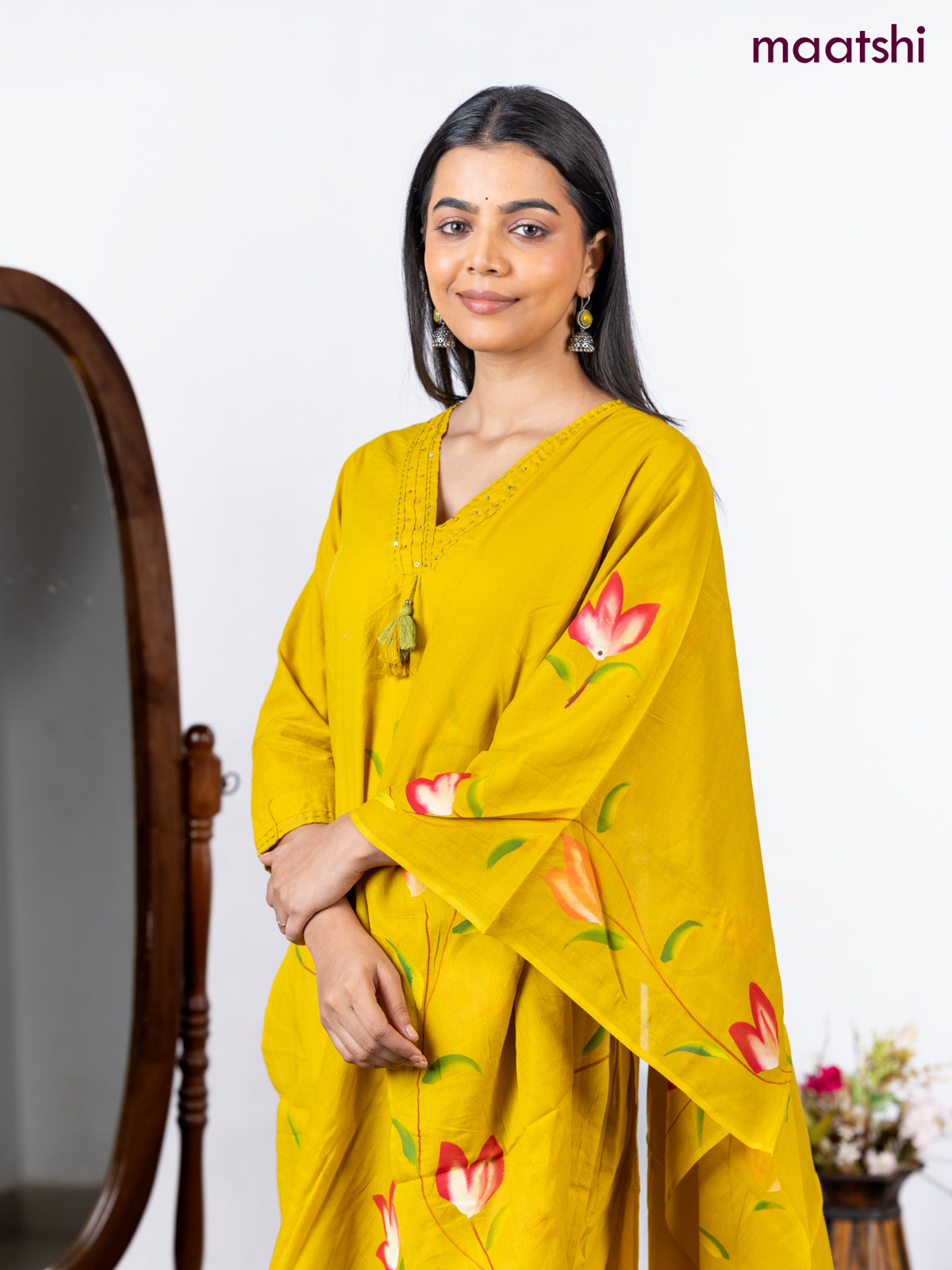 Semi cotton salwar suit lime yellow with placement prints & embroidery sequin work v neck pattern and straight cut pant & dupatta