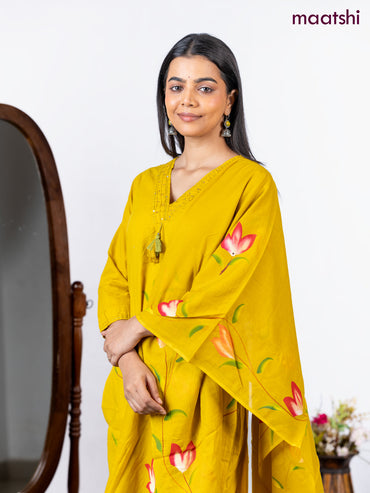 Semi cotton salwar suit lime yellow with placement prints & embroidery sequin work v neck pattern and straight cut pant & dupatta