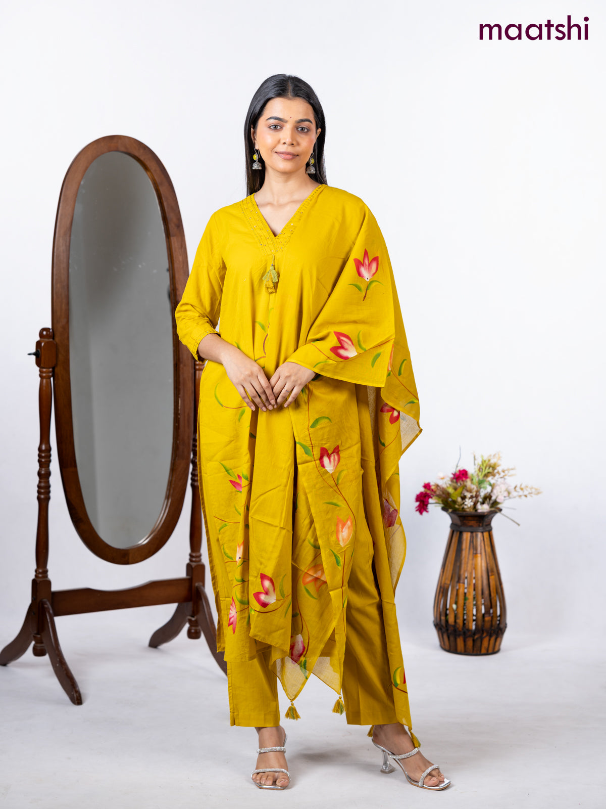 Semi cotton salwar suit lime yellow with placement prints & embroidery sequin work v neck pattern and straight cut pant & dupatta