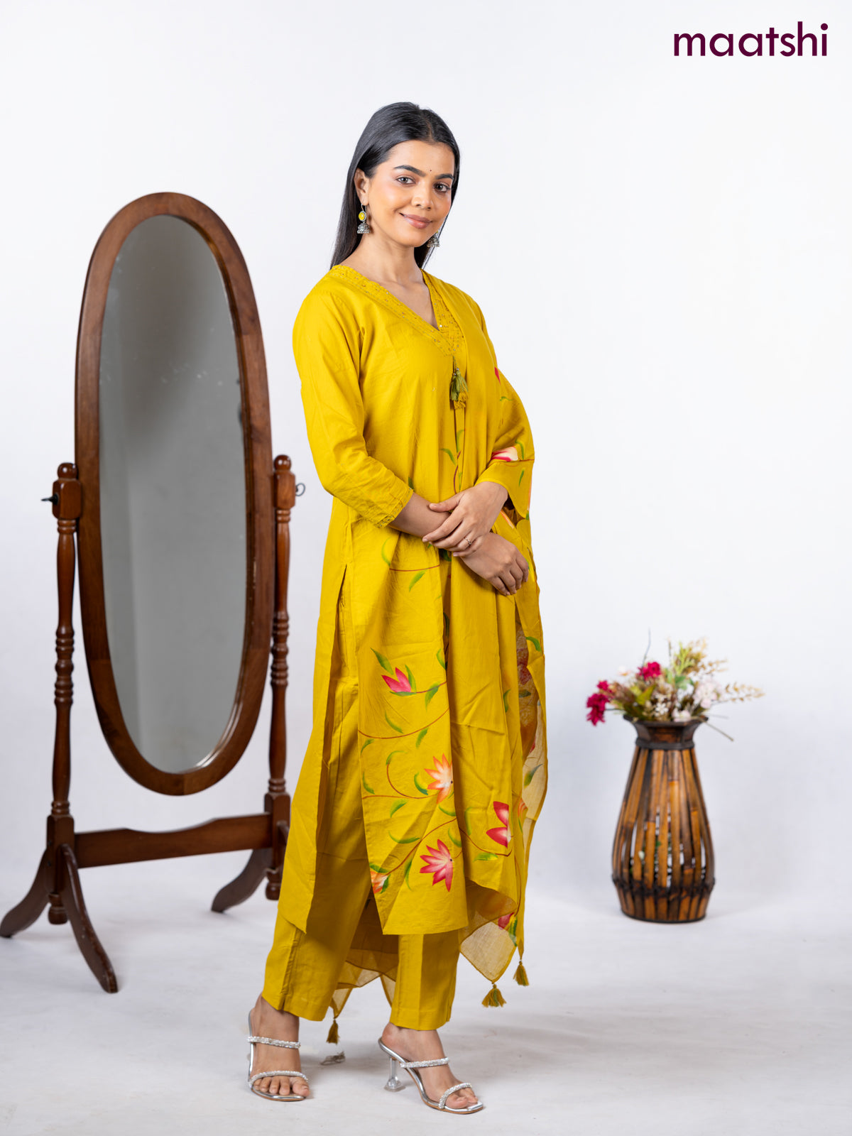 Semi cotton salwar suit lime yellow with placement prints & embroidery sequin work v neck pattern and straight cut pant & dupatta