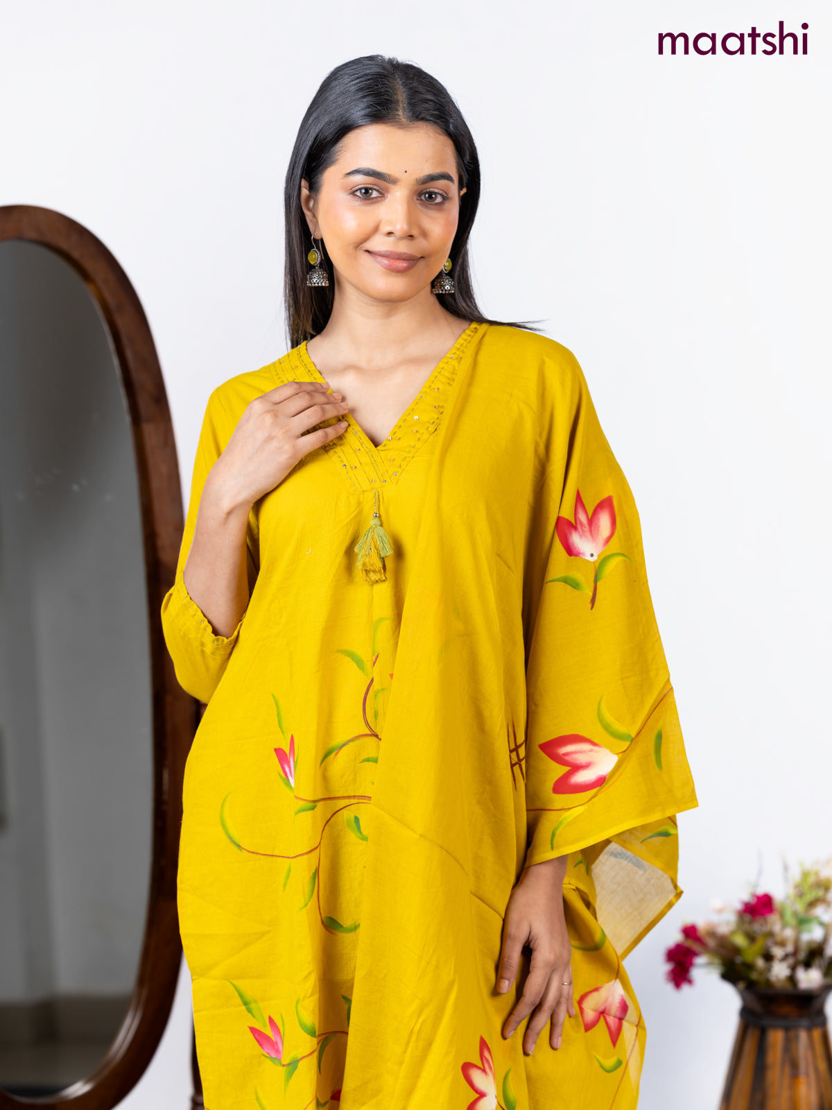 Semi cotton salwar suit lime yellow with placement prints & embroidery sequin work v neck pattern and straight cut pant & dupatta