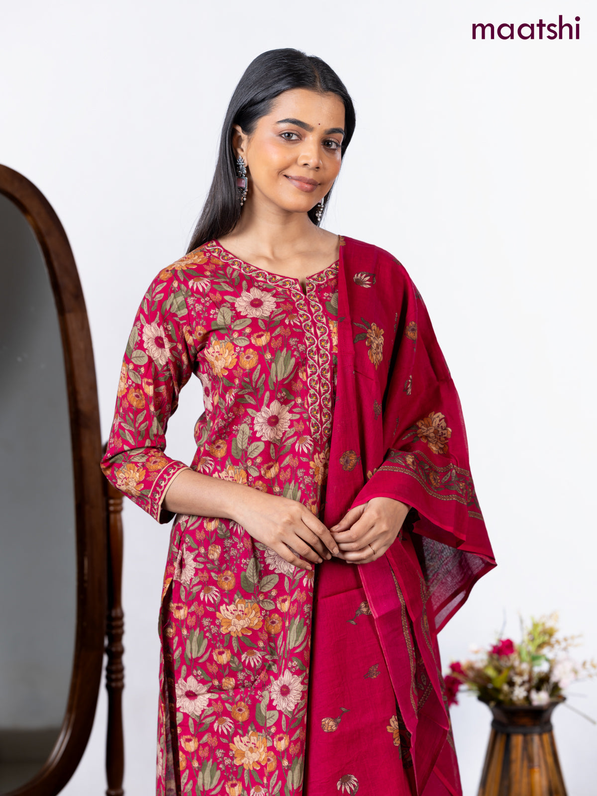Semi cotton salwar suit drak pink with allover floral prints & embroidery neck pattern and straight cut pant & dupatta