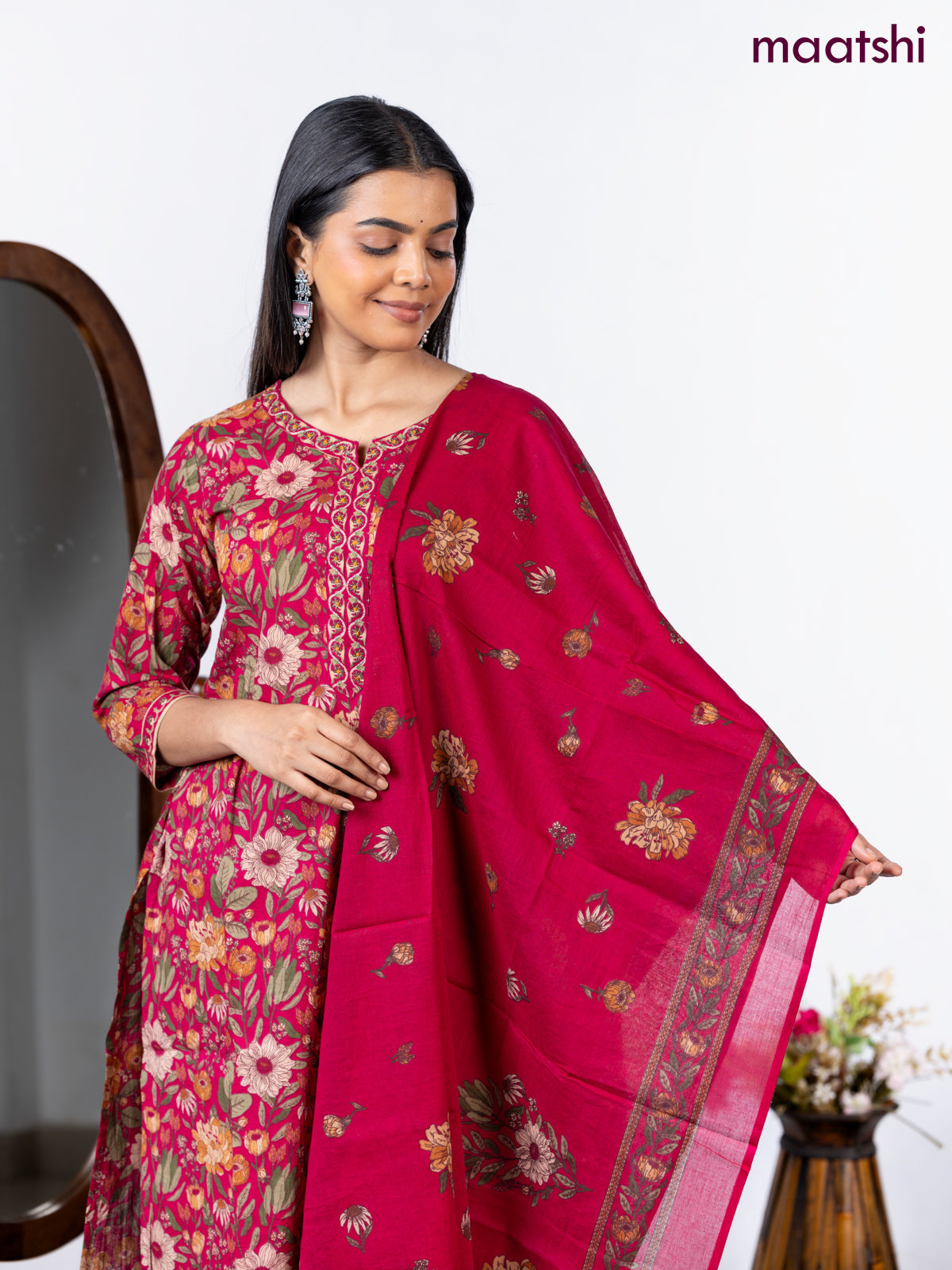 Semi cotton salwar suit drak pink with allover floral prints & embroidery neck pattern and straight cut pant & dupatta