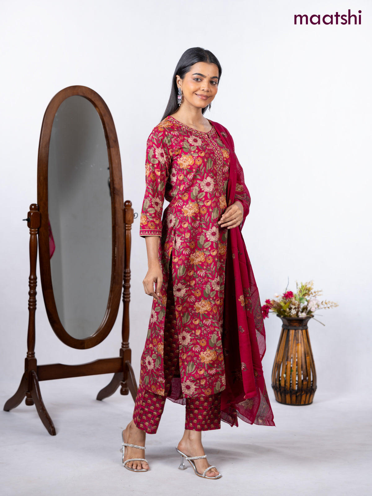 Semi cotton salwar suit drak pink with allover floral prints & embroidery neck pattern and straight cut pant & dupatta