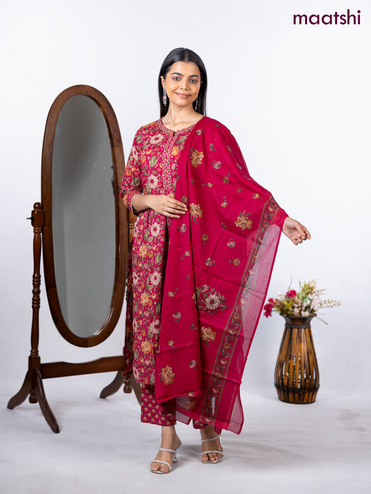 Semi cotton salwar suit drak pink with allover floral prints & embroidery neck pattern and straight cut pant & dupatta
