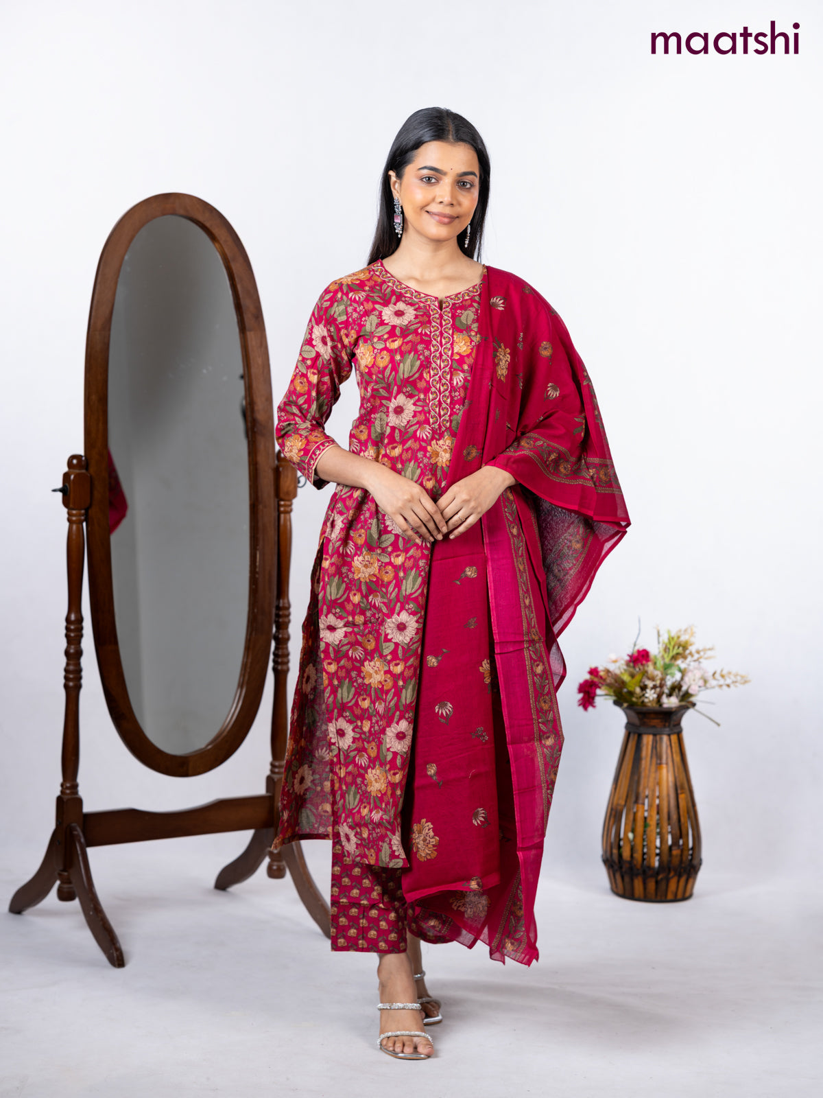 Semi cotton salwar suit drak pink with allover floral prints & embroidery neck pattern and straight cut pant & dupatta