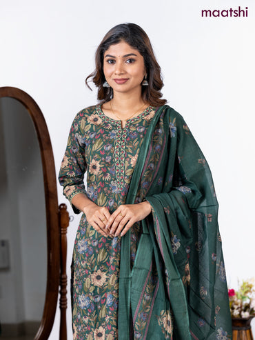 Semi cotton salwar suit green with allover floral prints & embroidery neck pattern and straight cut pant & dupatta