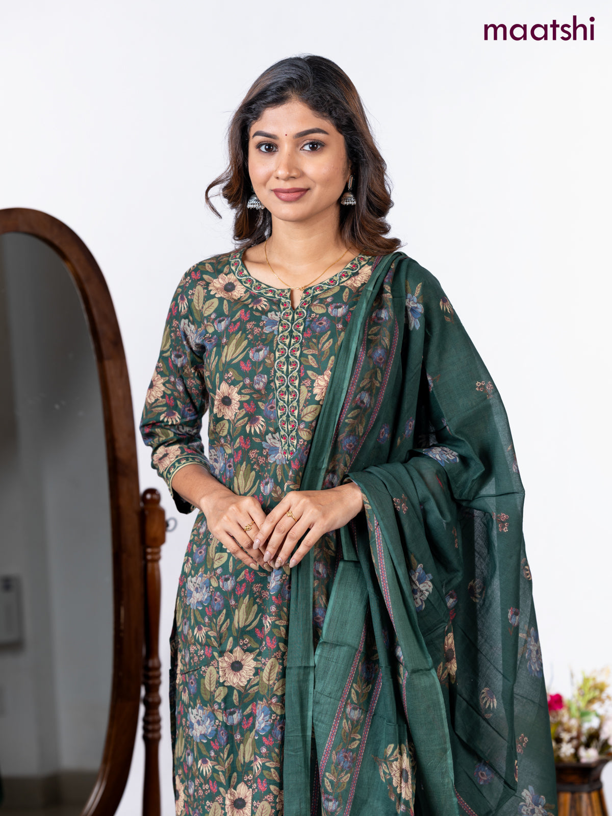 Semi cotton salwar suit green with allover floral prints & embroidery neck pattern and straight cut pant & dupatta