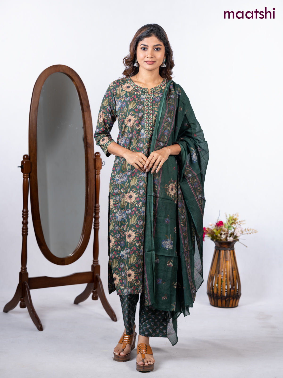 Semi cotton salwar suit green with allover floral prints & embroidery neck pattern and straight cut pant & dupatta