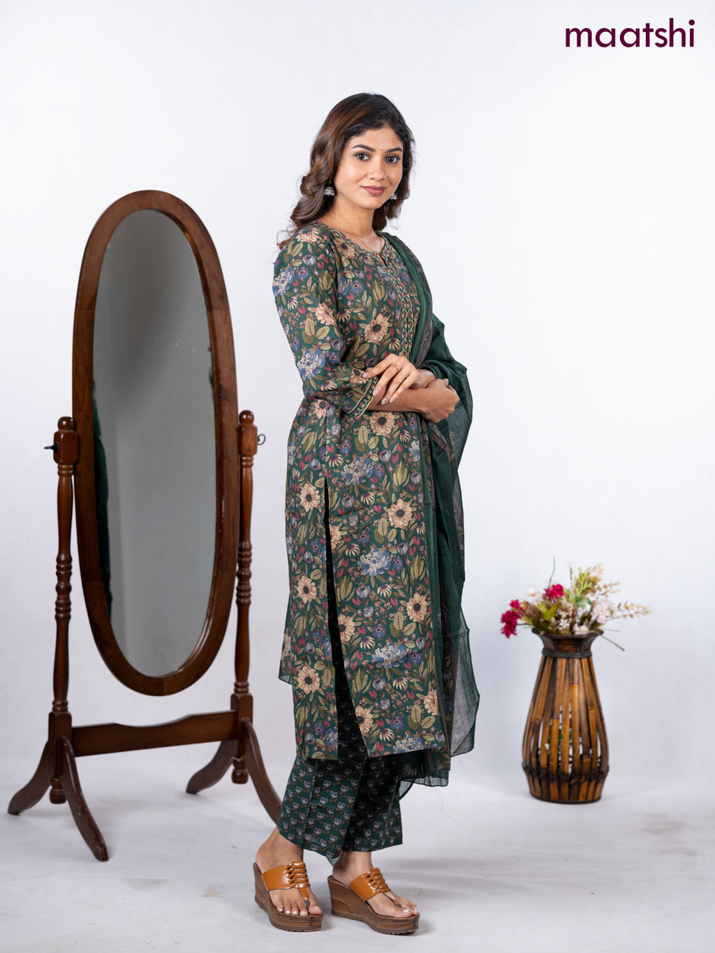 Semi cotton salwar suit green with allover floral prints & embroidery neck pattern and straight cut pant & dupatta