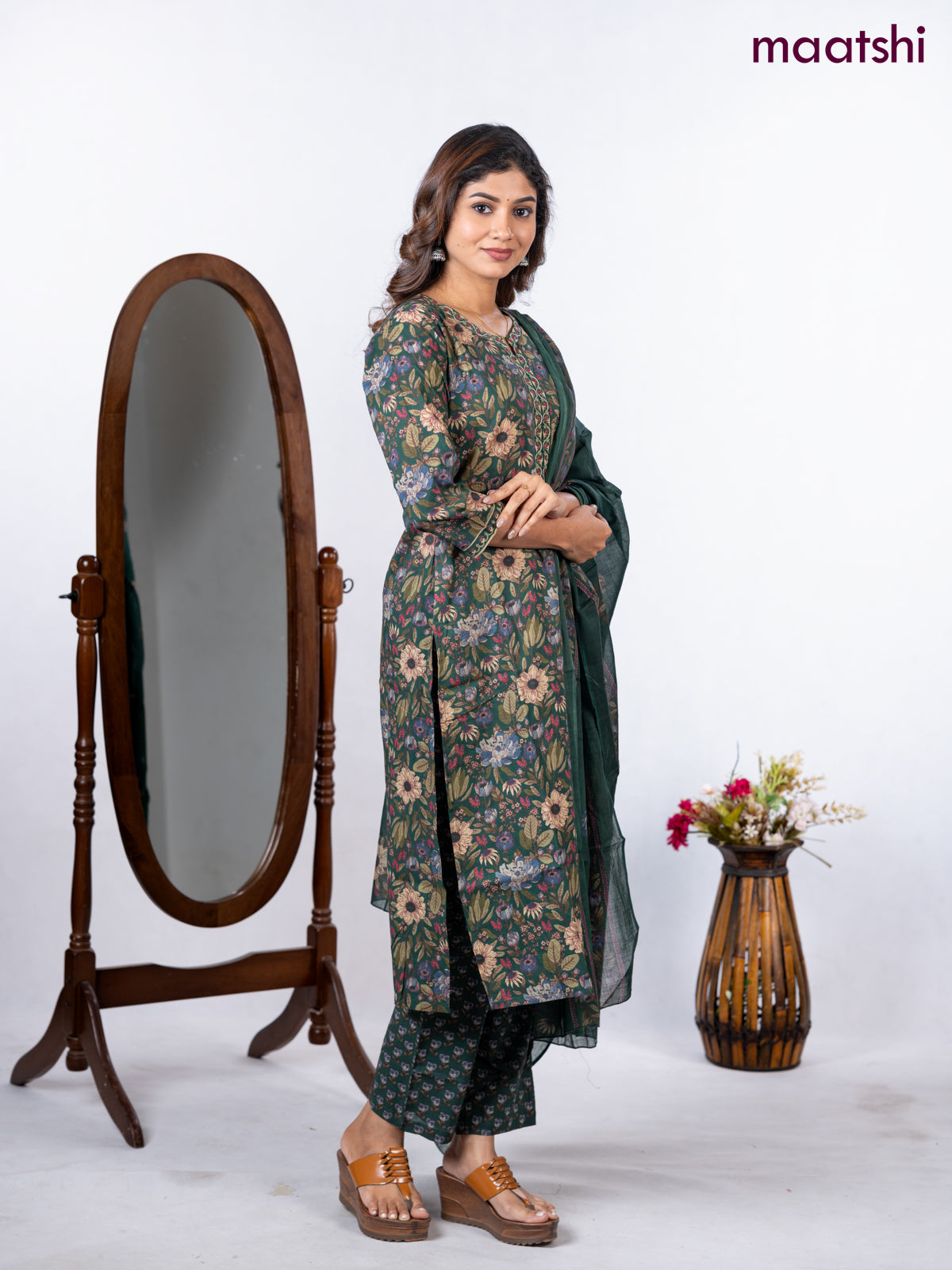 Semi cotton salwar suit green with allover floral prints & embroidery neck pattern and straight cut pant & dupatta