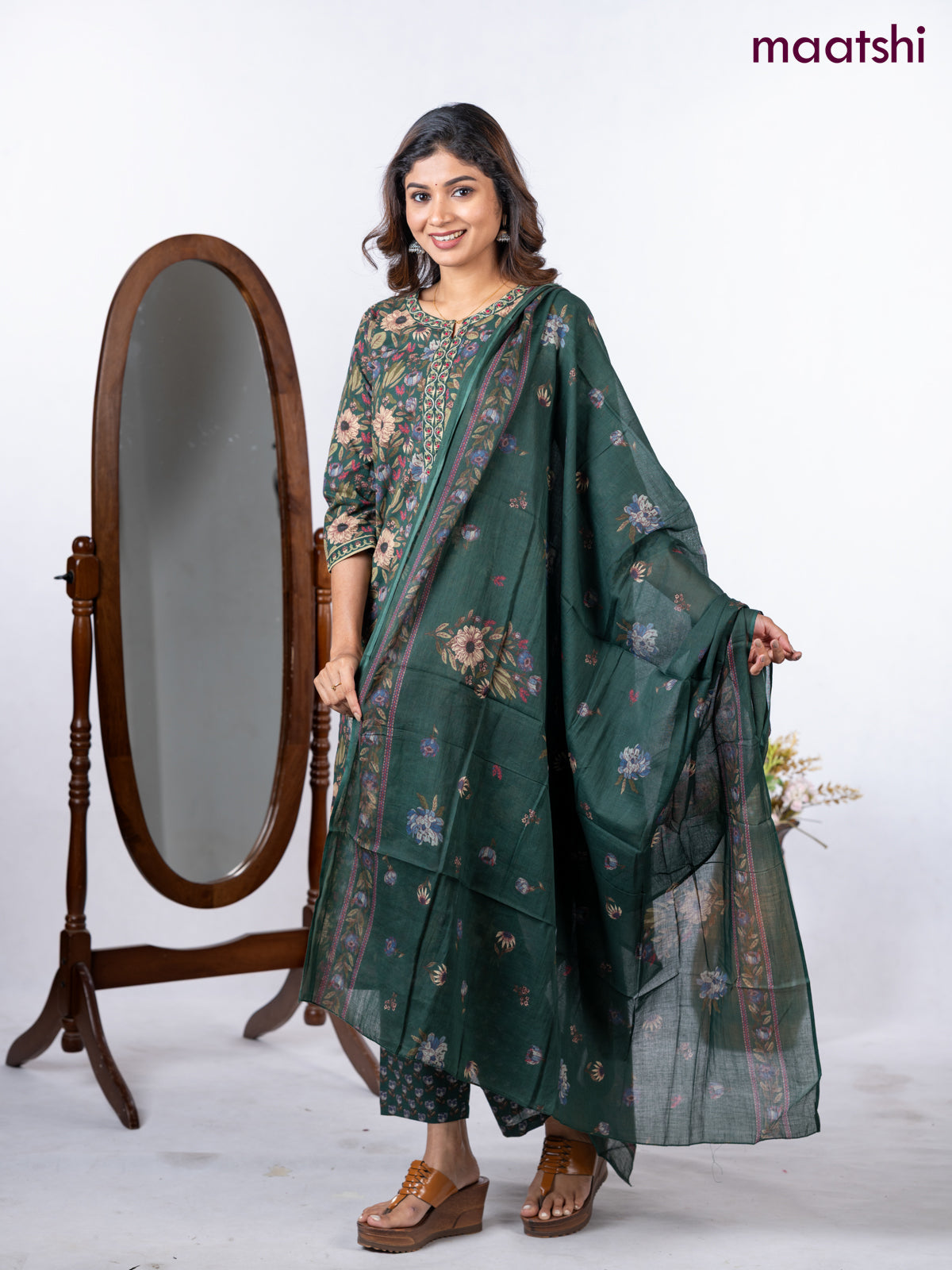 Semi cotton salwar suit green with allover floral prints & embroidery neck pattern and straight cut pant & dupatta