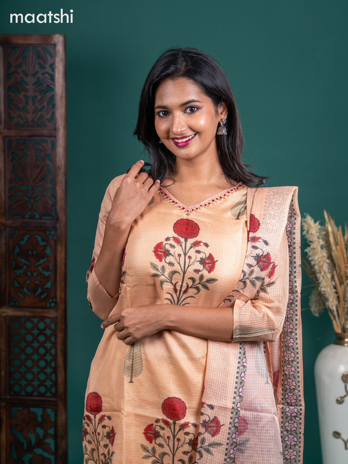 Kota salwar suit sandal with butta prints & zardosi work v neck pattern and straight cut pant & kotta dupatta