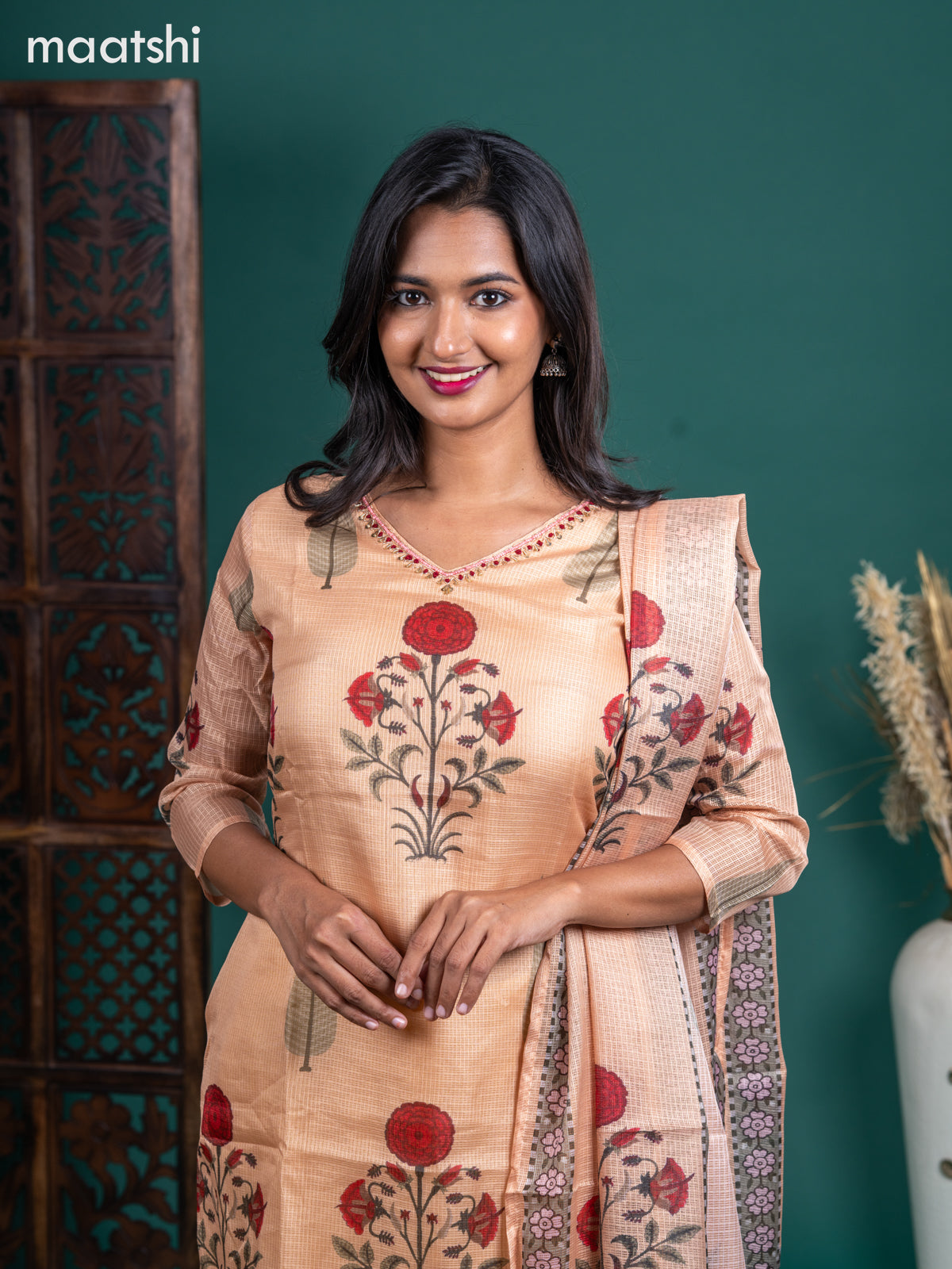Kota salwar suit sandal with butta prints & zardosi work v neck pattern and straight cut pant & kotta dupatta