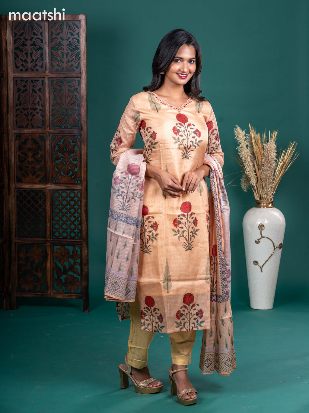 Kota salwar suit sandal with butta prints & zardosi work v neck pattern and straight cut pant & kotta dupatta
