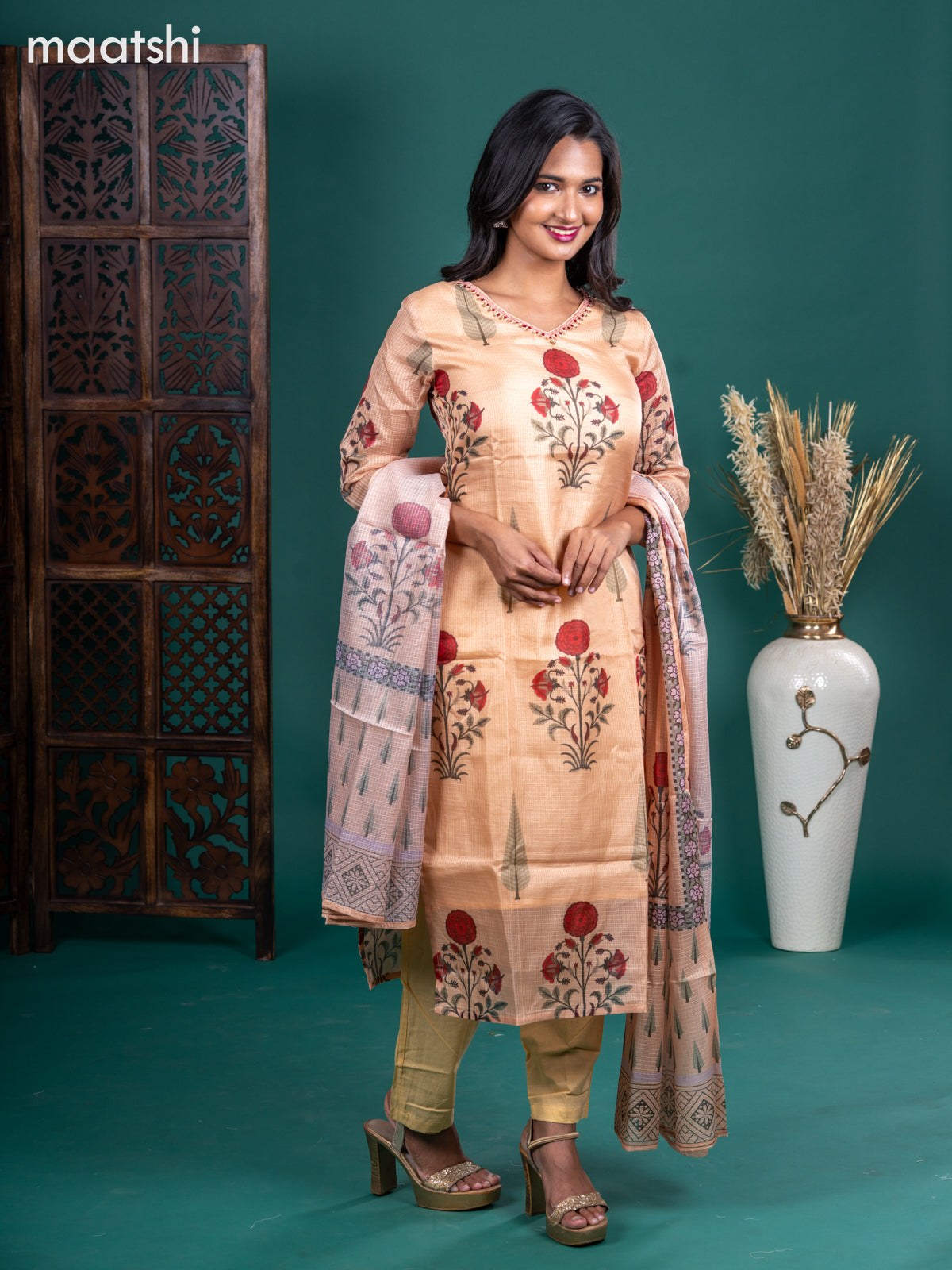 Kota salwar suit sandal with butta prints & zardosi work v neck pattern and straight cut pant & kotta dupatta