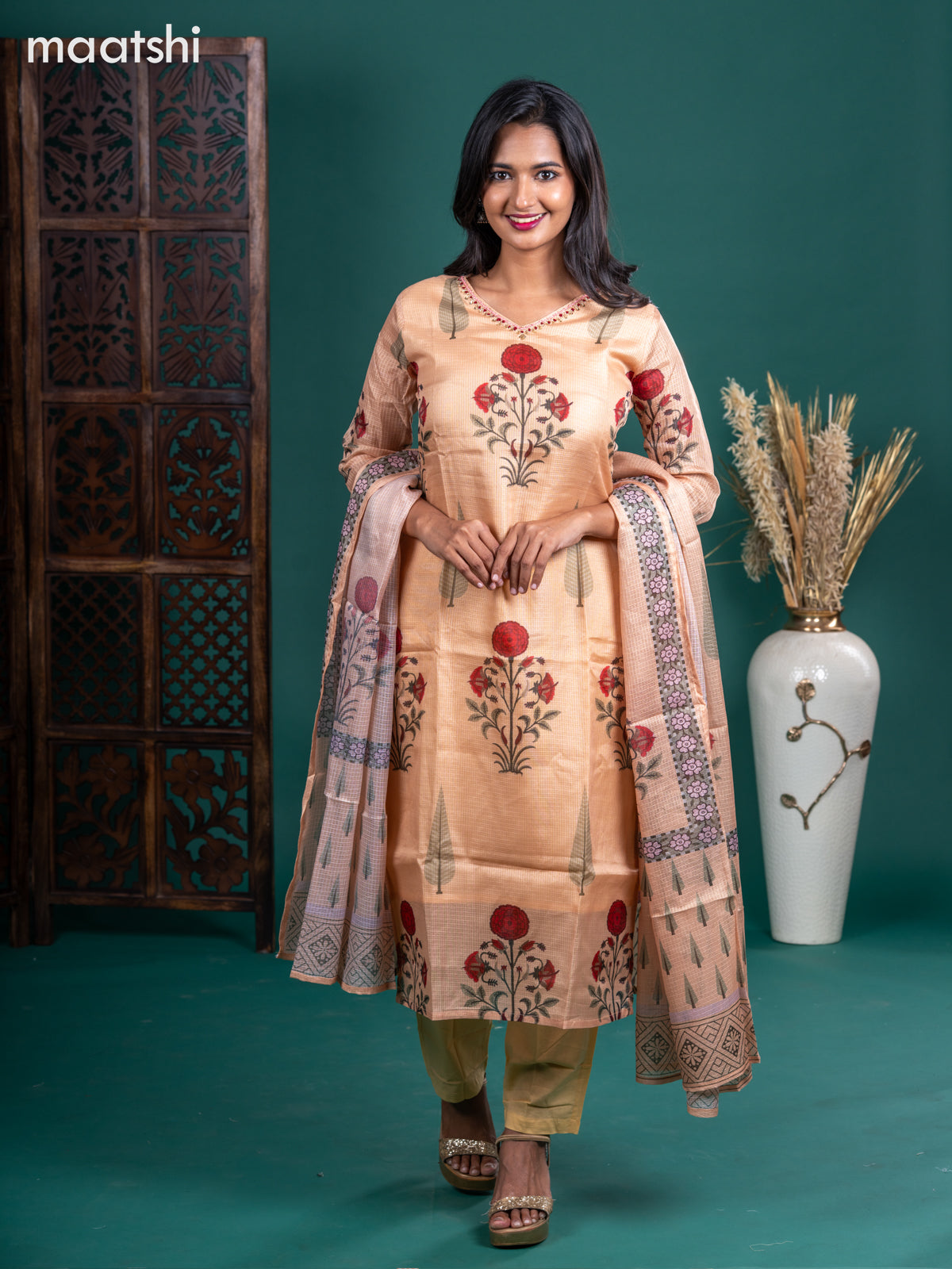 Kota salwar suit sandal with butta prints & zardosi work v neck pattern and straight cut pant & kotta dupatta